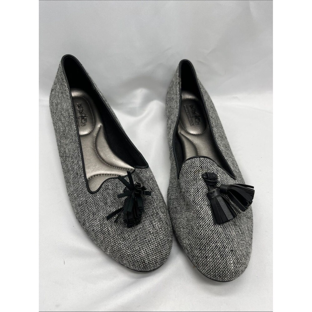 Coach and Four Black and Gray Tweed Slip On Ballet Flats with Tassles